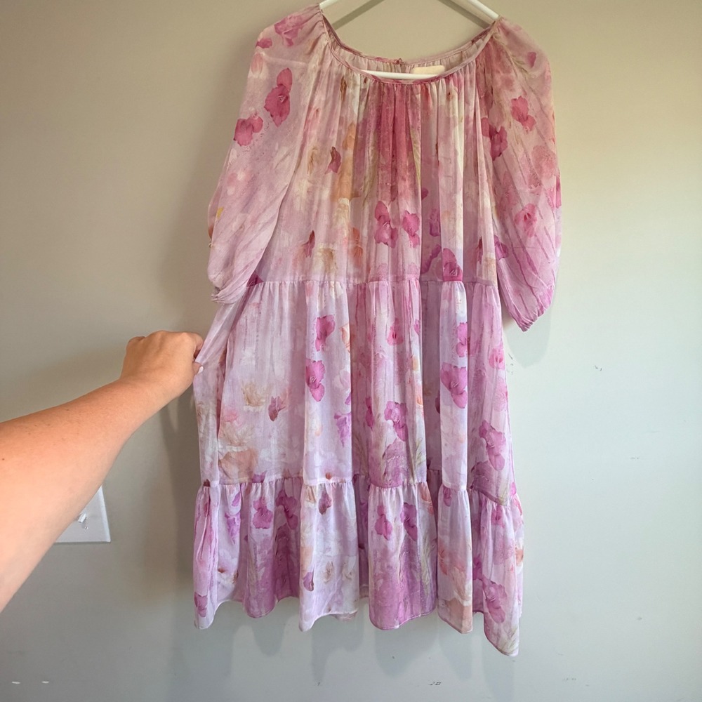 Melloday Floral Tiered Sheer Dress Womens Size M Pink Flowy Cottagecore Fairy